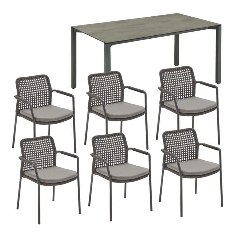 CASA DOMA Set 7-tlg. mit "Fasano" Stapelstuhl, Alu anthrazit, Rope anthrazit (Quadro), Kissen medium grey, und "Campana" Gartentisch 210×100 cm, Edelstahl anthrazit, HPL Chromix anthrazit