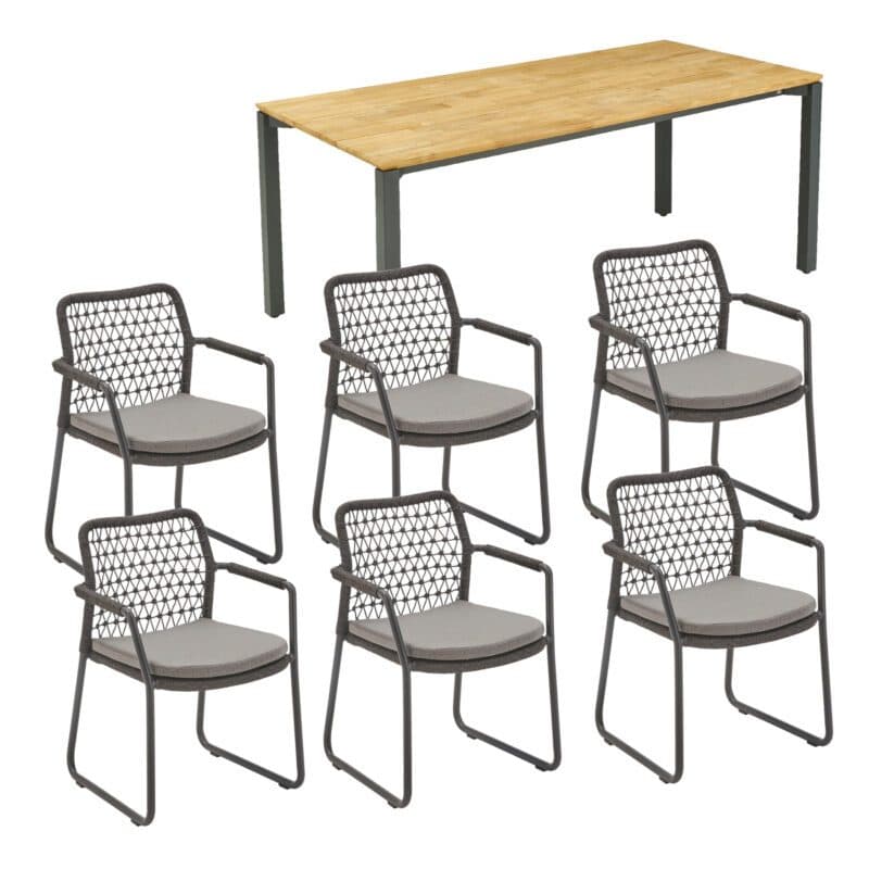 CASA DOMA Set 7-tlg. mit "Fasano" Gartenstuhl, Alu anthrazit, Rope anthrazit (Knoten), Kissen medium grey, und "Campana" Gartentisch 210×100 cm, Edelstahl anthrazit, Teakholz