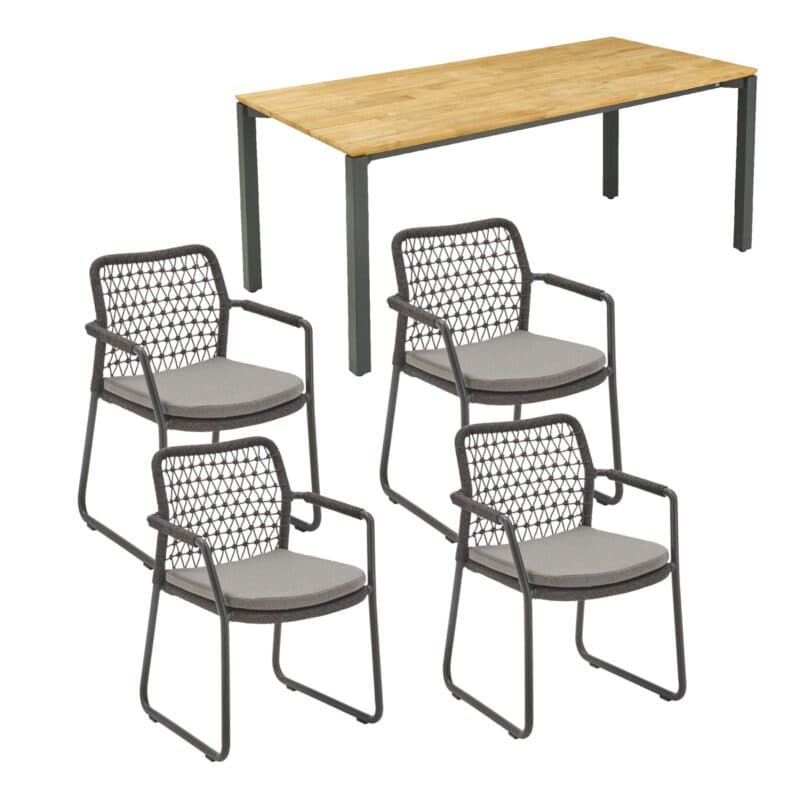 CASA DOMA Set 5-tlg. mit "Fasano" Gartenstuhl, Alu anthrazit, Rope anthrazit (Knoten), Kissen medium grey, und "Campana" Gartentisch 160×90 cm, Edelstahl anthrazit, Teakholz