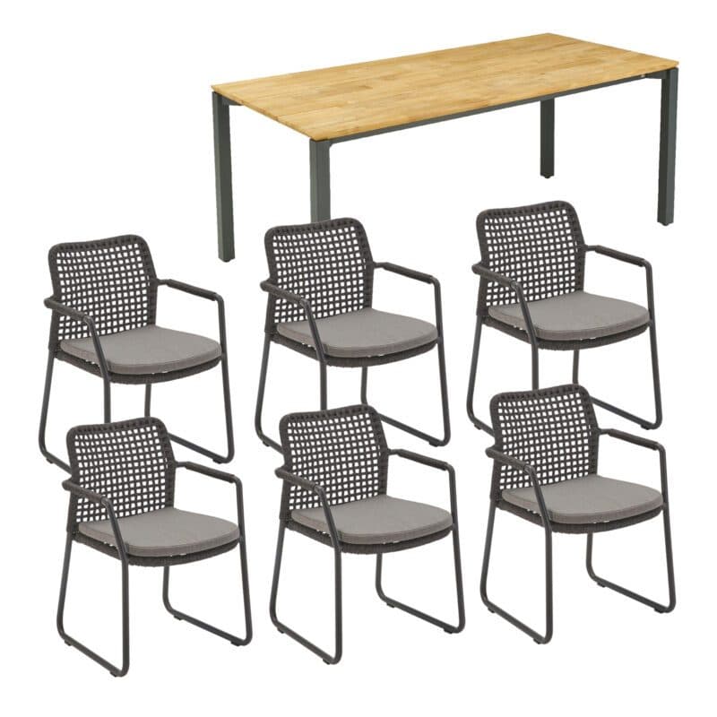 CASA DOMA Set 7-tlg. mit "Fasano" Gartenstuhl, Alu anthrazit, Rope anthrazit (Quadro), Kissen medium grey, und "Campana" Gartentisch 210×100 cm, Edelstahl anthrazit, Teakholz