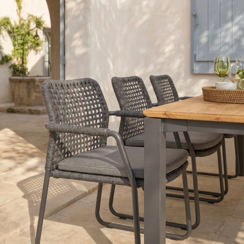CASA DOMA Set 7-tlg. mit "Fasano" Gartenstuhl, Alu anthrazit, Rope anthrazit (Quadro) und "Campana" Gartentisch 210×100 cm, Edelstahl anthrazit, Teakholz (Bild KI-generiert)