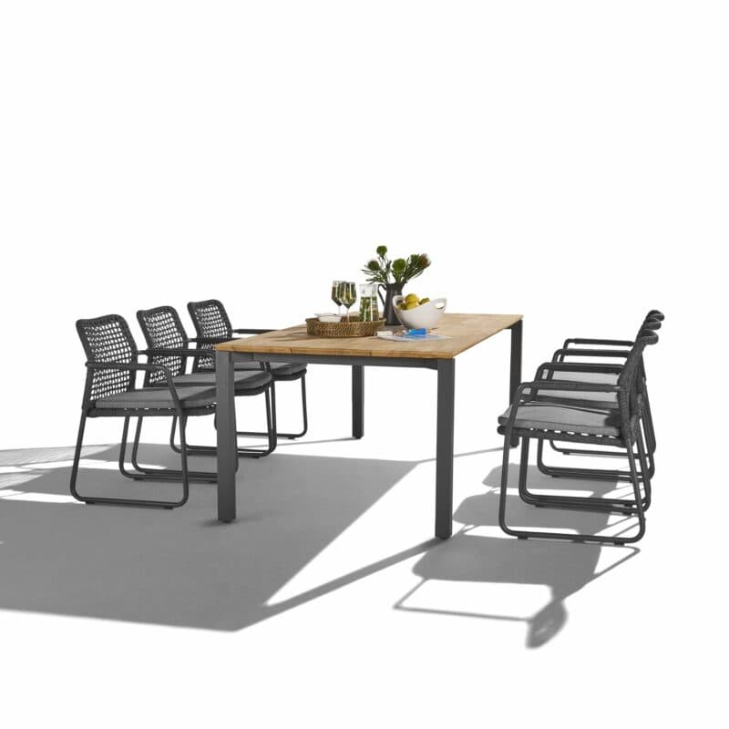 CASA DOMA Set 7-tlg. mit "Fasano" Gartenstuhl, Alu anthrazit, Rope anthrazit (Quadro), Kissen medium grey, und "Campana" Gartentisch 210×100 cm, Edelstahl anthrazit, Teakholz