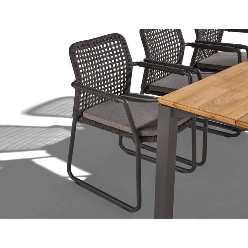 CASA DOMA Set 7-tlg. mit "Fasano" Gartenstuhl, Alu anthrazit, Rope anthrazit (Quadro), Kissen medium grey, und "Campana" Gartentisch 210×100 cm, Edelstahl anthrazit, Teakholz