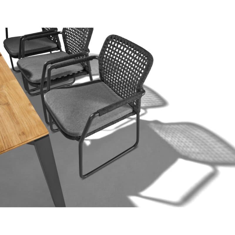 CASA DOMA Set 7-tlg. mit "Fasano" Gartenstuhl, Alu anthrazit, Rope anthrazit (Quadro), Kissen medium grey, und "Campana" Gartentisch 210×100 cm, Edelstahl anthrazit, Teakholz