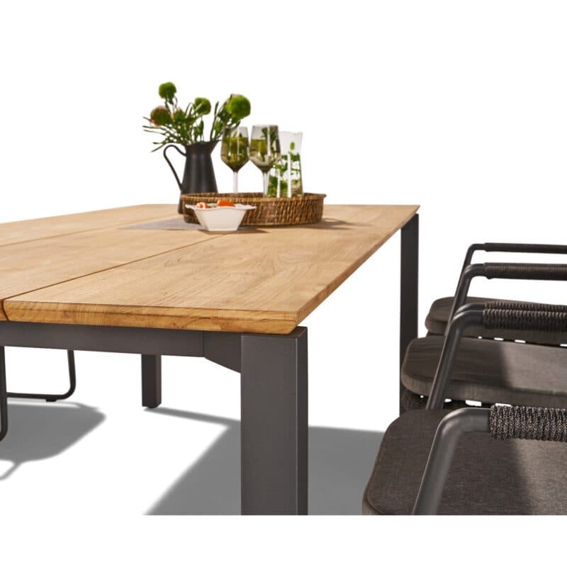 CASA DOMA Set 7-tlg. mit "Fasano" Gartenstuhl, Alu anthrazit, Rope anthrazit (Quadro), Kissen medium grey, und "Campana" Gartentisch 210×100 cm, Edelstahl anthrazit, Teakholz