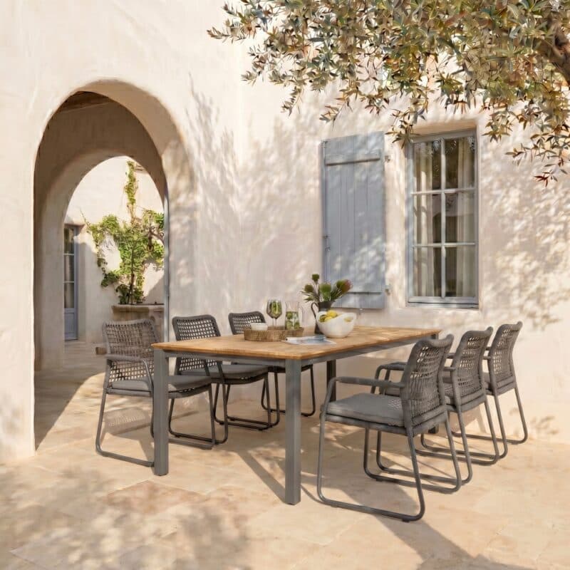 CASA DOMA Set 7-tlg. mit "Fasano" Gartenstuhl, Alu anthrazit, Rope anthrazit (Quadro) und "Campana" Gartentisch 210×100 cm, Edelstahl anthrazit, Teakholz (Bild KI-generiert)