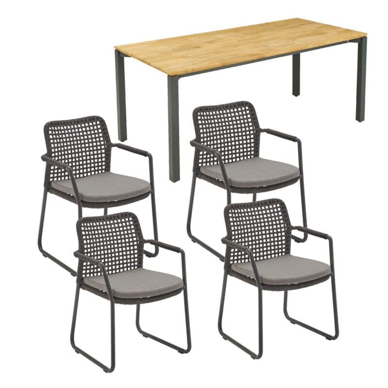 CASA DOMA Set 5-tlg. mit "Fasano" Gartenstuhl, Alu anthrazit, Rope anthrazit (Quadro), Kissen medium grey, und "Campana" Gartentisch 160×90 cm, Edelstahl anthrazit, Teakholz