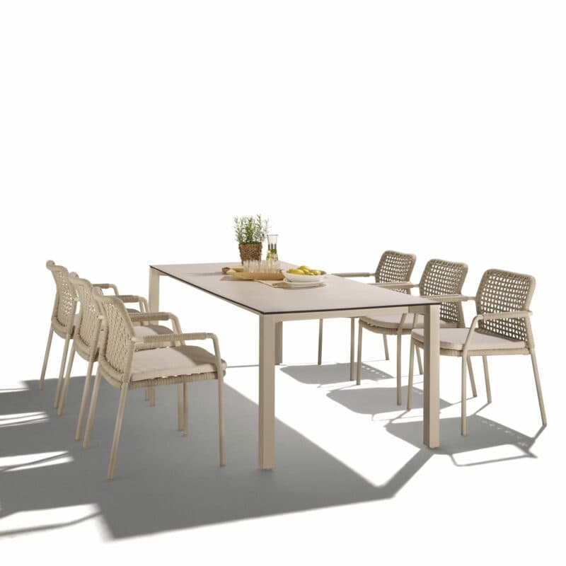 CASA DOMA Set 7-tlg. mit "Fasano" Stapelstuhl, Alu cream, Rope fossil (Quadro), Kissen beige, und "Campana" Gartentisch 210×100 cm, Edelstahl cream, HPL Travertin