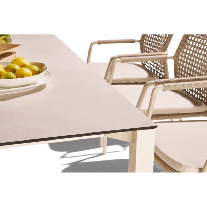CASA DOMA Set 7-tlg. mit "Fasano" Stapelstuhl, Alu cream, Rope fossil (Quadro), Kissen beige, und "Campana" Gartentisch 210×100 cm, Edelstahl cream, HPL Travertin