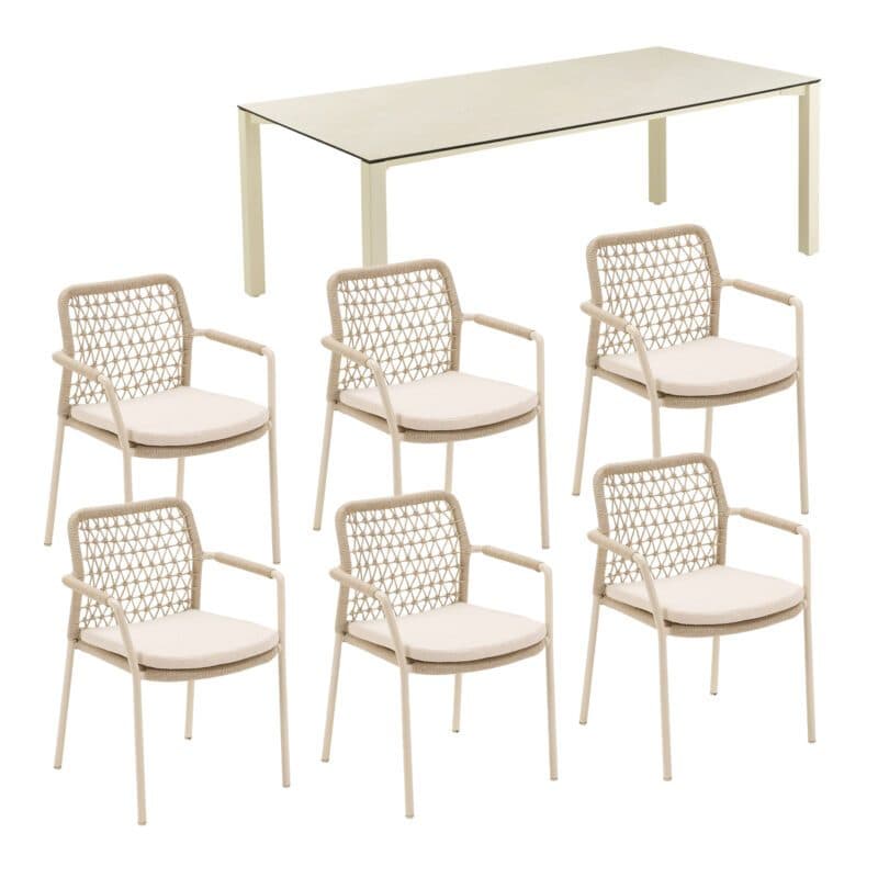 CASA DOMA Set 7-tlg. mit "Fasano" Stapelstuhl, Alu cream, Rope fossil (Knoten), Kissen beige, und "Campana" Gartentisch 210×100 cm, Edelstahl cream, HPL Travertin