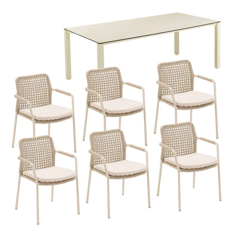 CASA DOMA Set 7-tlg. mit "Fasano" Stapelstuhl, Alu cream, Rope fossil (Quadro), Kissen beige, und "Campana" Gartentisch 210×100 cm, Edelstahl cream, HPL Travertin