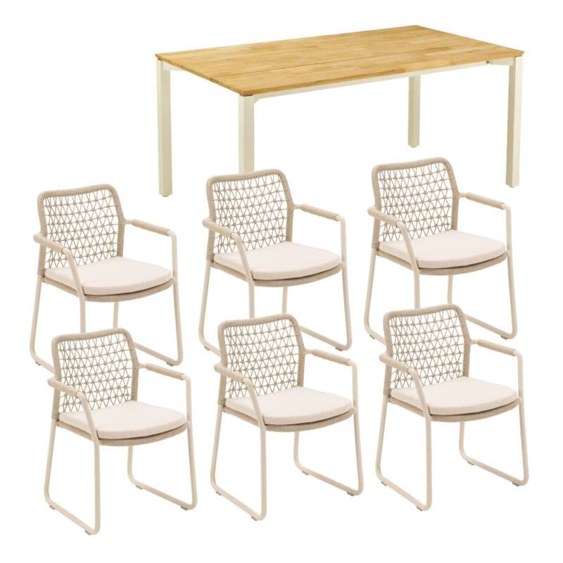 CASA DOMA Set 7-tlg. mit "Fasano" Gartenstuhl, Alu cream, Rope fossil (Knoten), Kissen beige, und "Campana" Gartentisch 210×100 cm, Edelstahl cream, Teakholz