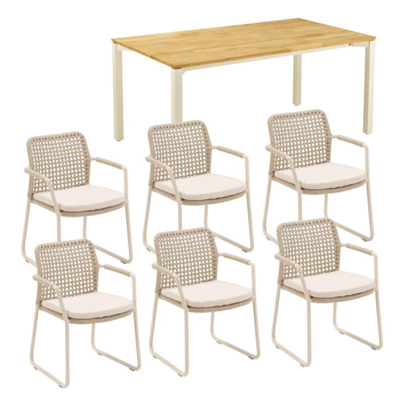CASA DOMA Set 7-tlg. mit "Fasano" Gartenstuhl, Alu cream, Rope fossil (Quadro), Kissen beige, und "Campana" Gartentisch 210×100 cm, Edelstahl cream, Teakholz