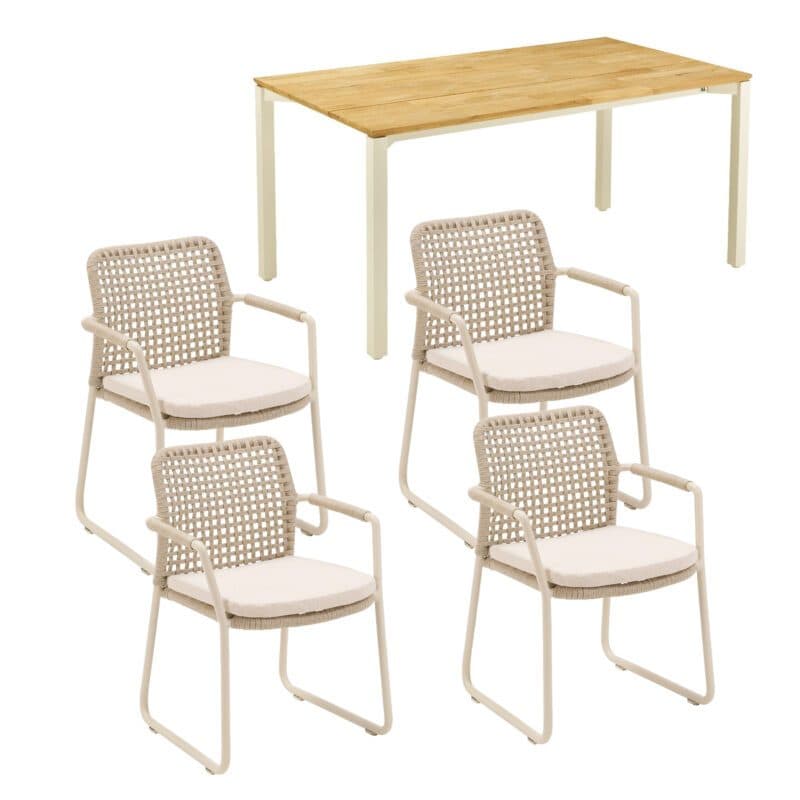CASA DOMA Set 5-tlg. mit "Fasano" Gartenstuhl, Alu cream, Rope fossil (Quadro), Kissen beige, und "Campana" Gartentisch 160×90 cm, Edelstahl cream, Teakholz