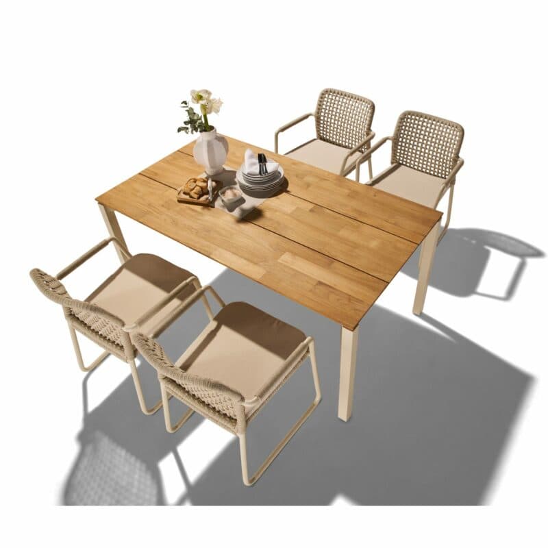 CASA DOMA Set 5-tlg. mit "Fasano" Gartenstuhl, Alu cream, Rope fossil (Quadro), Kissen beige, und "Campana" Gartentisch 160×90 cm, Edelstahl cream, Teakholz
