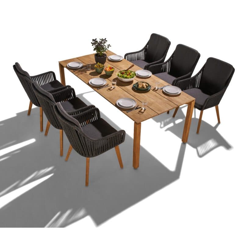 CASA DOMA Set mit "Campana" Tisch 210x100cm aus Teakholz und "Ribera" Diningsessel, hohe Rückenlehne, Rope anthrazit, Gestell Teak