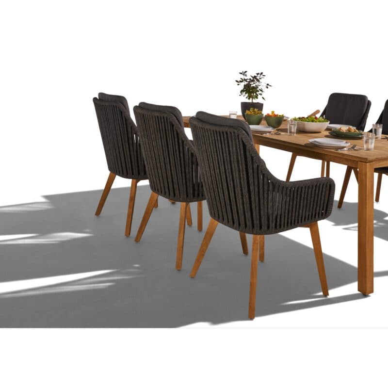 CASA DOMA Set mit "Campana" Tisch 210x100cm aus Teakholz und "Ribera" Diningsessel, hohe Rückenlehne, Rope anthrazit, Gestell Teak