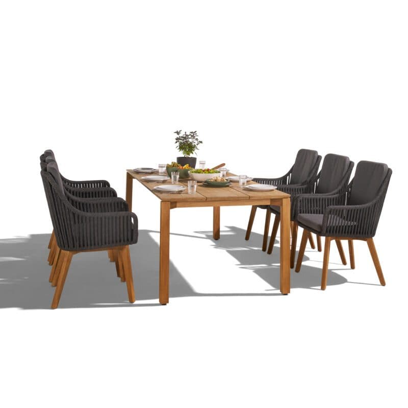 CASA DOMA Set mit "Campana" Tisch 210x100cm aus Teakholz und "Ribera" Diningsessel, hohe Rückenlehne, Rope anthrazit, Gestell Teak