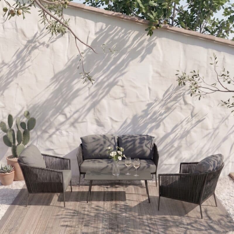 CASA DOMA Loungeset mit Loungesofa und Loungesessel "Falcone", Aluminium anthrazit, Rope anthrazit und Loungetisch "Arista", Aluminium anthrazit (Bild KI-generiert)
