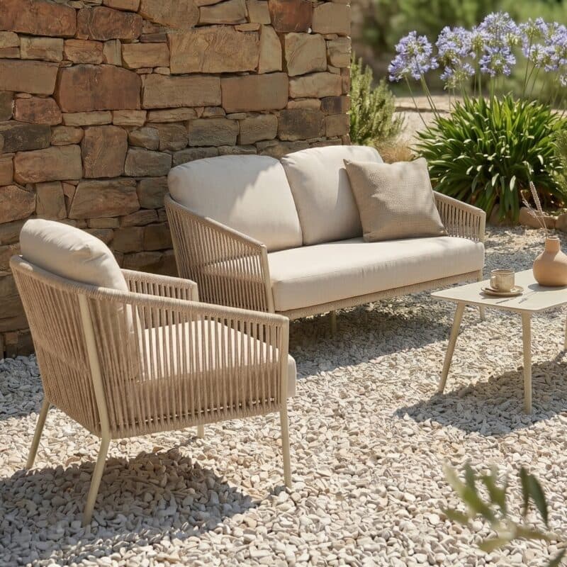CASA DOMA Loungeset mit Loungesofa und Loungesessel "Falcone", Aluminium cream, Rope fossil und Loungetisch "Arista", Aluminium cream (Bild KI-generiert)