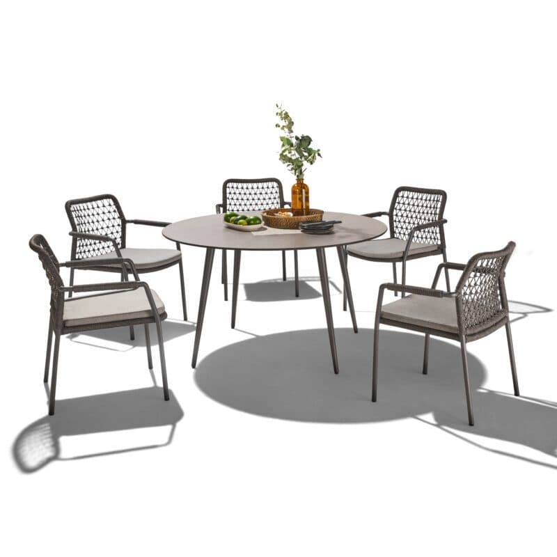 CASA DOMA Set mit "Fasano" Stapelstuhl, Alu anthrazit, Rope anthrazit Knoten und "Napola" Gartentisch Ø 130 cm, Alu anthrazit, Tischplatte HPL chromix anthrazit