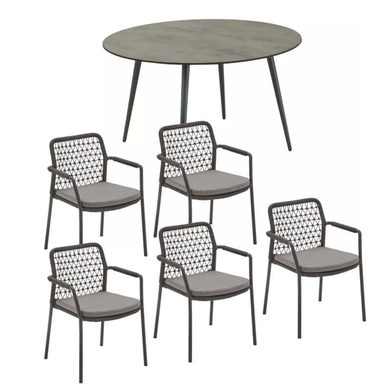 CASA DOMA Set mit "Fasano" Stapelstuhl, Alu anthrazit, Rope anthrazit Knoten und "Napola" Gartentisch Ø 130 cm, Alu anthrazit, Tischplatte HPL chromix anthrazit