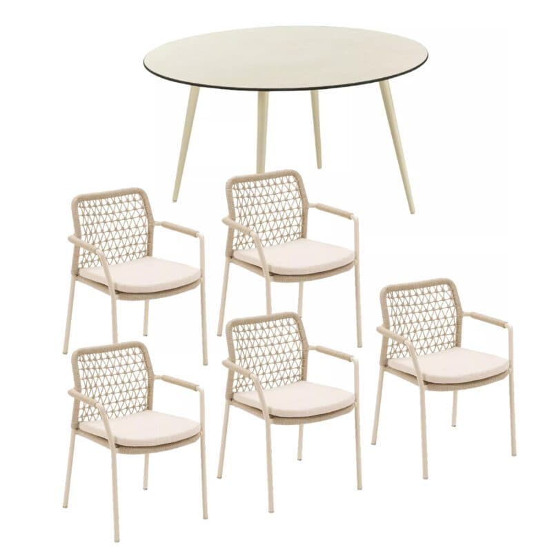 CASA DOMA Set mit "Fasano" Stapelstuhl, Alu cream, Rope fossil Knoten und "Napola" Gartentisch Ø 130 cm, Alu cream, Tischplatte HPL travertin