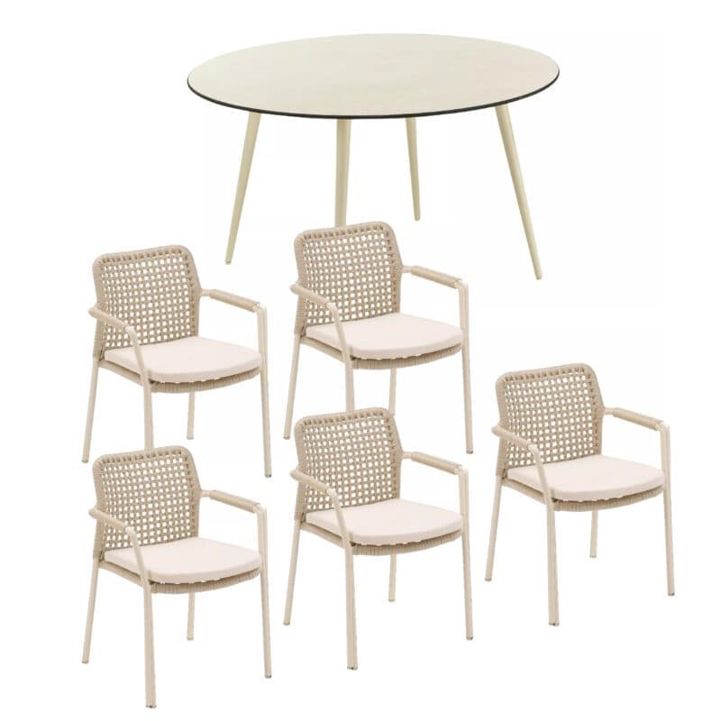 CASA DOMA Set mit "Fasano" Stapelstuhl, Alu cream, Rope fossil Quadro und "Napola" Gartentisch Ø 130 cm, Alu cream, Tischplatte HPL travertin