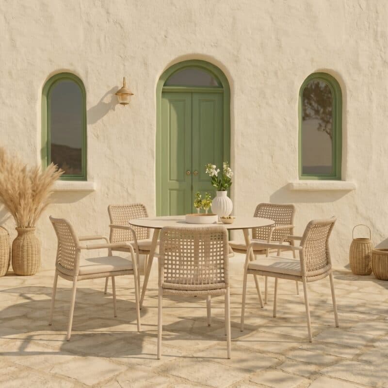 CASA DOMA Set mit "Fasano" Stapelstuhl, Alu cream, Rope fossil Quadro und "Napola" Gartentisch Ø 130 cm, Alu cream, Tischplatte HPL travertin (Bild KI-generiert)