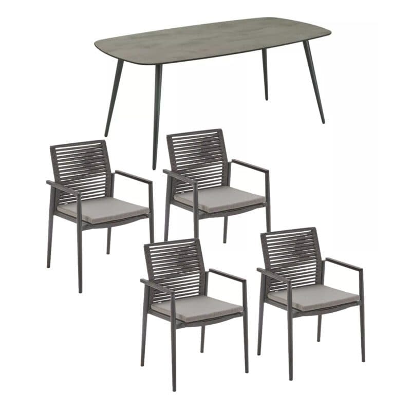 CASA DOMA Set mit "Napola" Gartentisch 180x100 cm, Alu anthrazit, Tischplatte HPL chromix anthrazit und "Gallico" Stapelstuhl, Alu anthrazit, Sitzfläche Textilgewebe schwarz/silber, Rückenfläche Rope anthrazit, Armlehnen Alu, inkl. Sitzkissen