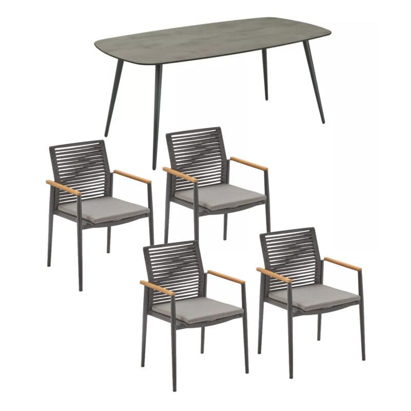 CASA DOMA Set mit "Napola" Gartentisch 180x100 cm, Alu anthrazit, Tischplatte HPL chromix anthrazit und "Gallico" Stapelstuhl, Alu anthrazit, Sitzfläche Textilgewebe schwarz/silber, Rückenfläche Rope anthrazit, Armlehnen Teak, inkl. Sitzkissen