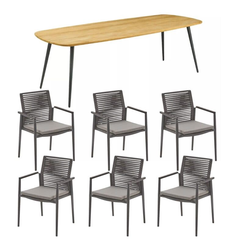 CASA DOMA Gartenmöbel-Set mit Tisch "Napola" 240x100 cm, Alu anthrazit, Teakplatte und Stapelstuhl "Gallico", Alu anthrazit, Rope anthrazit, Armlehnen Alu