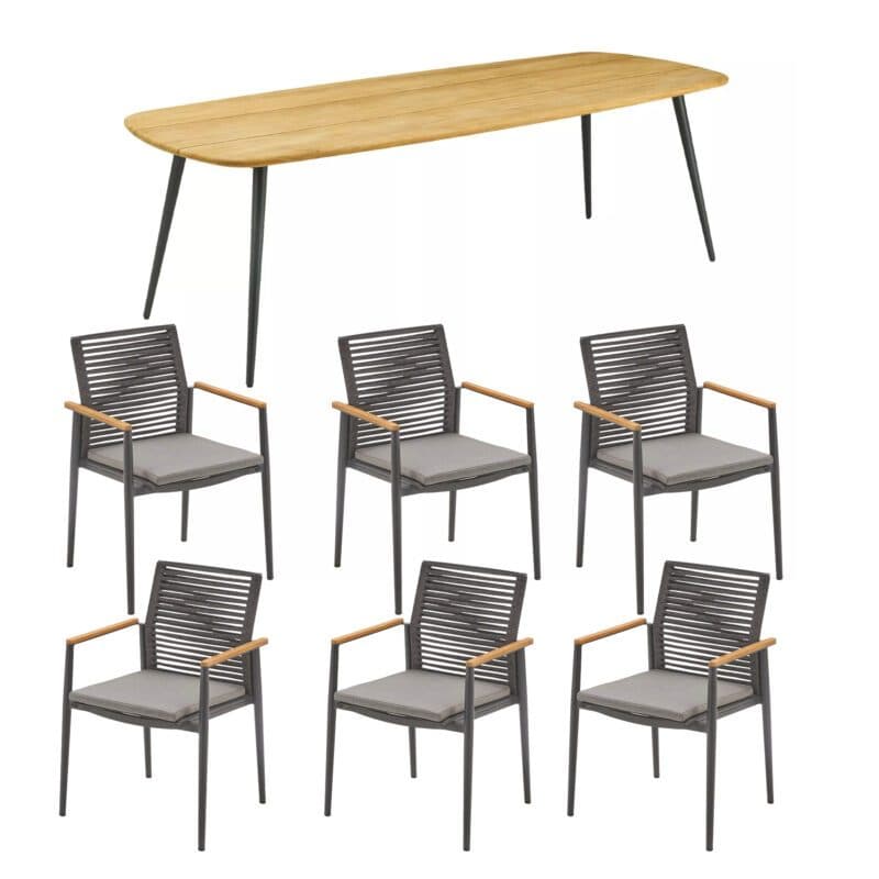 CASA DOMA Gartenmöbel-Set mit Tisch "Napola" 240x100 cm, Alu anthrazit, Teakplatte und Stapelstuhl "Gallico", Alu anthrazit, Rope anthrazit, Armlehnen Teak