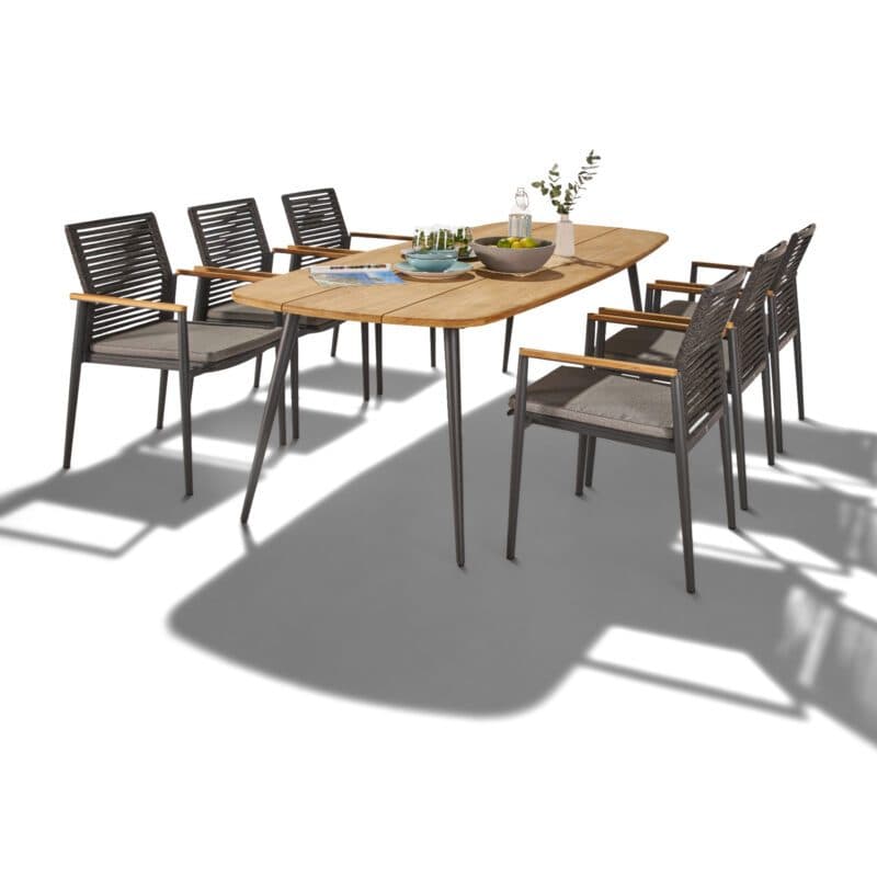 CASA DOMA Gartenmöbel-Set mit Tisch "Napola" 240x100 cm, Alu anthrazit, Teakplatte und Stapelstuhl "Gallico", Alu anthrazit, Rope anthrazit, Armlehnen Teak