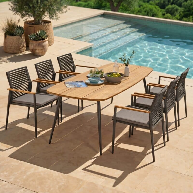 CASA DOMA Gartenmöbel-Set mit Tisch "Napola" 240x100 cm, Alu anthrazit, Teakplatte und Stapelstuhl "Gallico", Alu anthrazit, Rope anthrazit, Armlehnen Teak