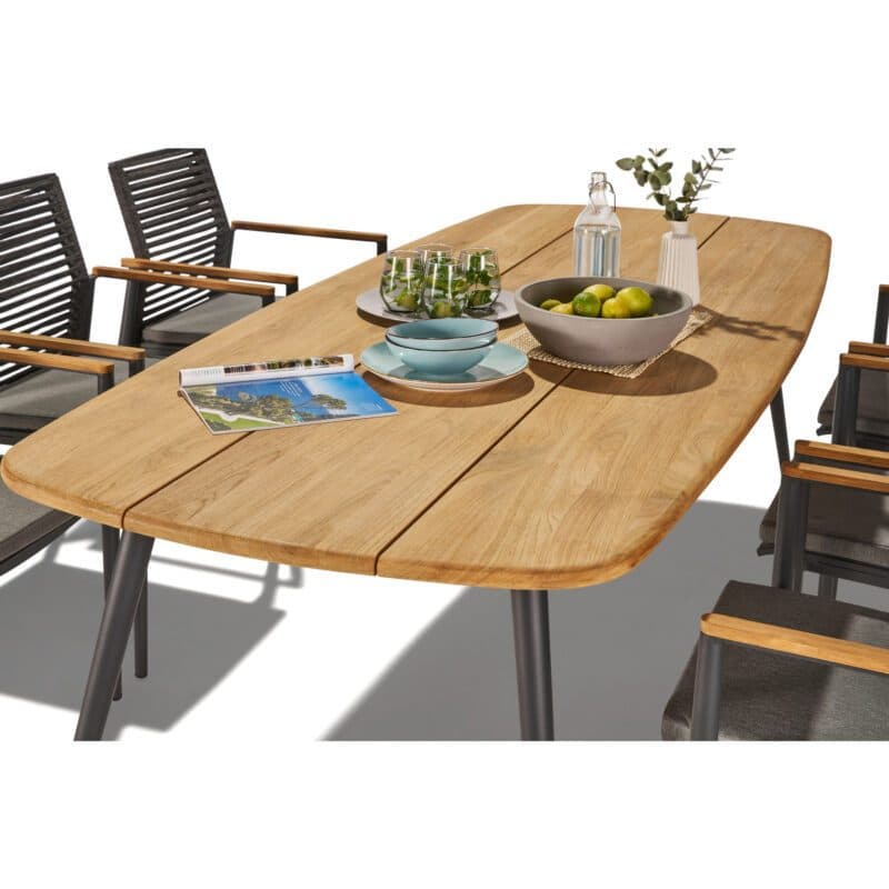 CASA DOMA Gartenmöbel-Set mit Tisch "Napola" 240x100 cm, Alu anthrazit, Teakplatte und Stapelstuhl "Gallico", Alu anthrazit, Rope anthrazit, Armlehnen Teak