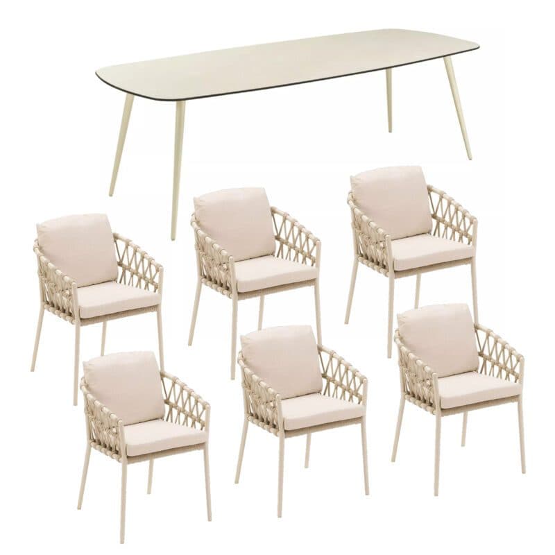 CASA DOMA Set mit "Messina" Diningsessel, Alu cream, Rope fossil und "Napola" Gartentisch 240x100 cm, Alu cream, Tischplatte HPL travertin