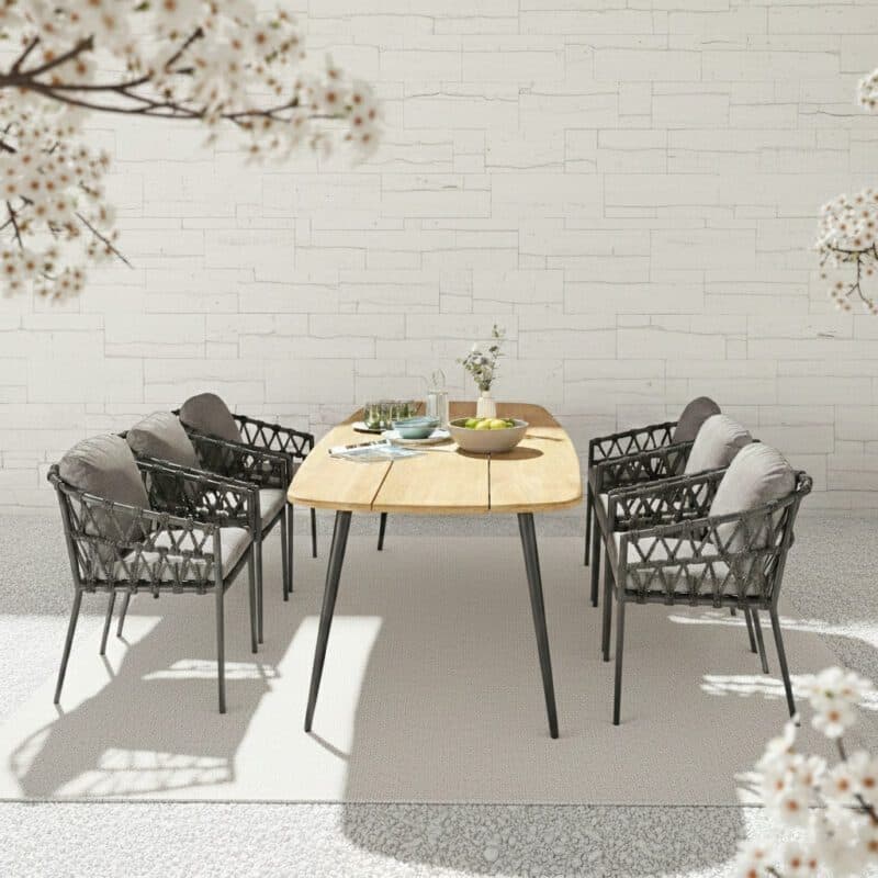 CASA DOMA Set mit "Messina" Diningsessel, Alu und Rope anthrazit mit "Napola" Gartentisch 240x100 cm, Alu anthrazit/Teak (Bild KI-generiert)