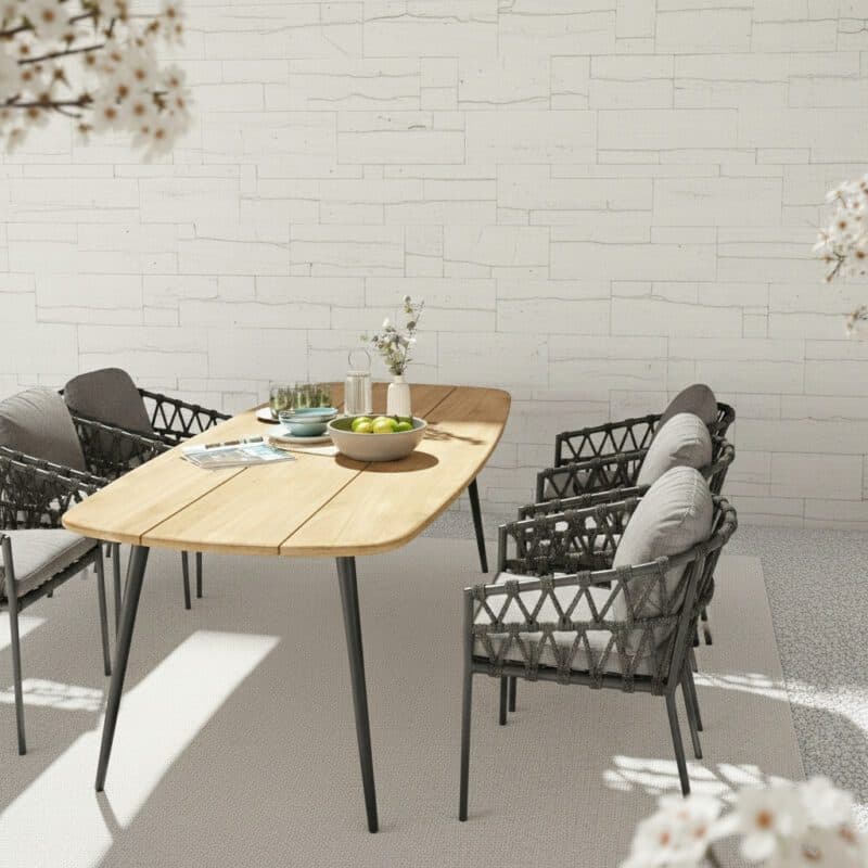 CASA DOMA Set mit "Messina" Diningsessel, Alu und Rope anthrazit mit "Napola" Gartentisch 240x100 cm, Alu anthrazit/Teak (Bild KI-generiert)