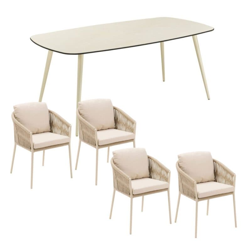CASA DOMA Set mit Tisch "Napola" 180x100cm, Alu cream, Tischplatte HPL Travertin und Diningsessel "Falcone", Alu cream, Rope fossil