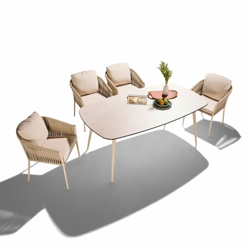 CASA DOMA Set mit Tisch "Napola" 180x100cm, Alu cream, Tischplatte HPL Travertin und Diningsessel "Falcone", Alu cream, Rope fossil