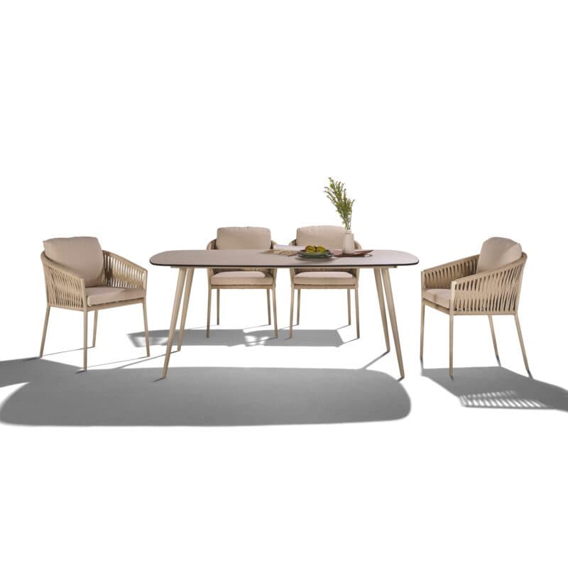 CASA DOMA Set mit Tisch "Napola" 180x100cm, Alu cream, Tischplatte HPL Travertin und Diningsessel "Falcone", Alu cream, Rope fossil