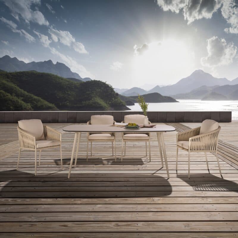 CASA DOMA Set mit Tisch "Napola" 180x100cm, Alu cream, Tischplatte HPL Travertin und Diningsessel "Falcone", Alu cream, Rope fossil