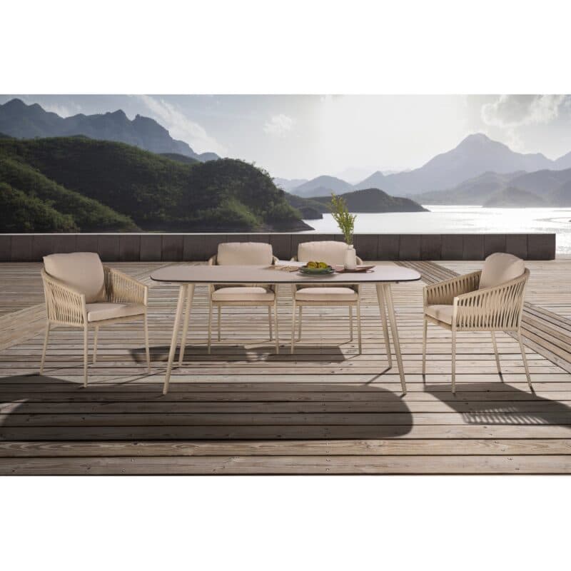 CASA DOMA Set mit Tisch "Napola" 180x100cm, Alu cream, Tischplatte HPL Travertin und Diningsessel "Falcone", Alu cream, Rope fossil