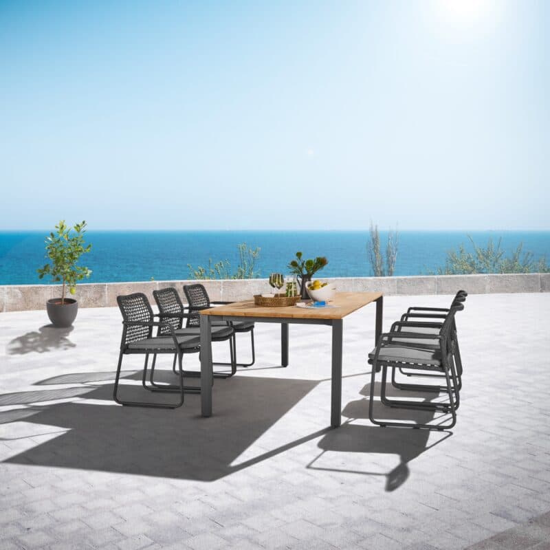 CASA DOMA Set 7-tlg. mit "Fasano" Gartenstuhl, Alu anthrazit, Rope anthrazit (Quadro), Kissen medium grey, und "Campana" Gartentisch 210×100 cm, Edelstahl anthrazit, Teakholz