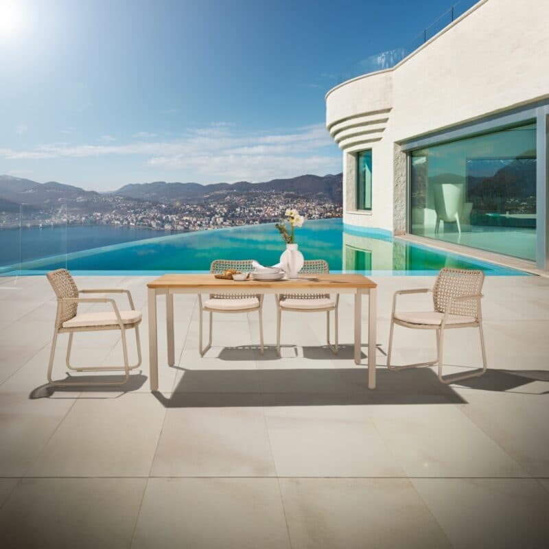 CASA DOMA Set 5-tlg. mit "Fasano" Gartenstuhl, Alu cream, Rope fossil (Quadro), Kissen beige, und "Campana" Gartentisch 160×90 cm, Edelstahl cream, Teakholz
