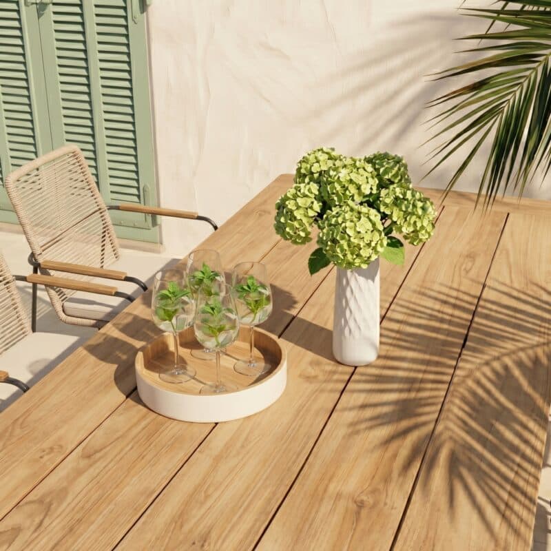 CASA DOMA "Solano" Stapelstuhl, Edelstahl anthrazit, Rope fossil, Armlehnen Teak mit "Trapani" Gartentisch 240x100 cm, Teakplatte (Bild KI-generiert)