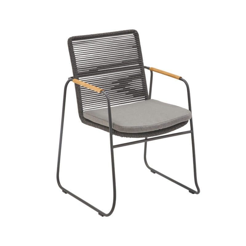 CASA DOMA "Solano" Stapelstuhl, Edelstahl anthrazit, Rope anthrazit, Armlehne Teak, Sitzkissen medium grey