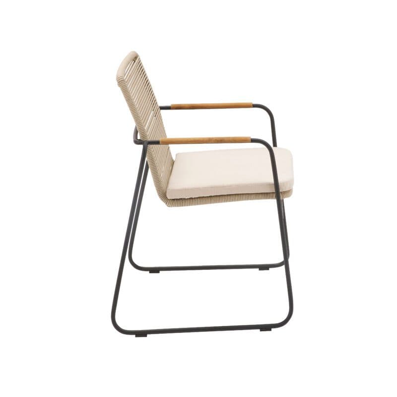 CASA DOMA "Solano" Stapelstuhl, Edelstahl anthrazit, Rope fossil, Armlehne Teak, Sitzkissen beige