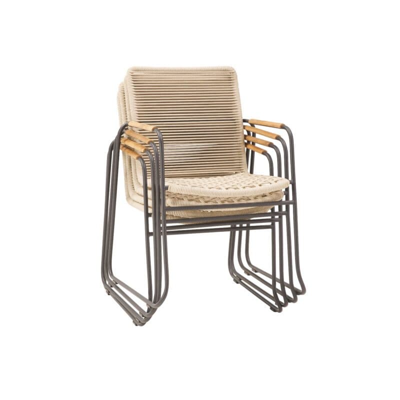 CASA DOMA "Solano" Stapelstuhl, Edelstahl anthrazit, Rope fossil, Armlehne Teak, Sitzkissen beige – gestapelt